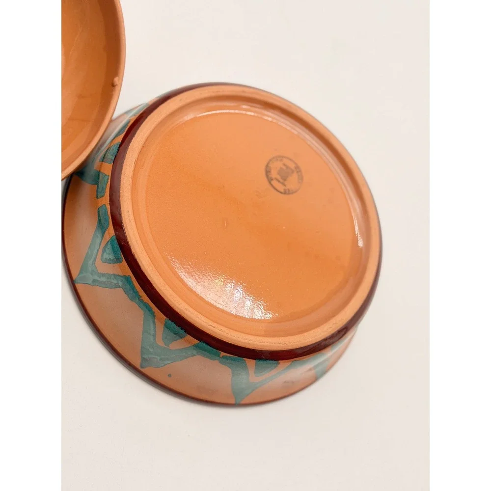 Vintage Hand Painted Terracotta Lidded Dish Southwestern Geometric Pier 1 Italy